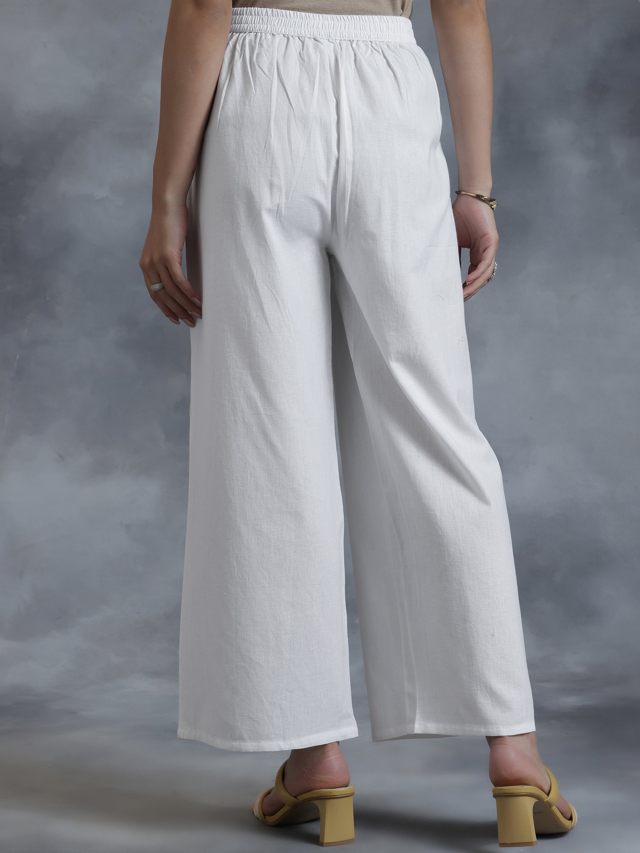 White Solid Straight Fit Palazzos