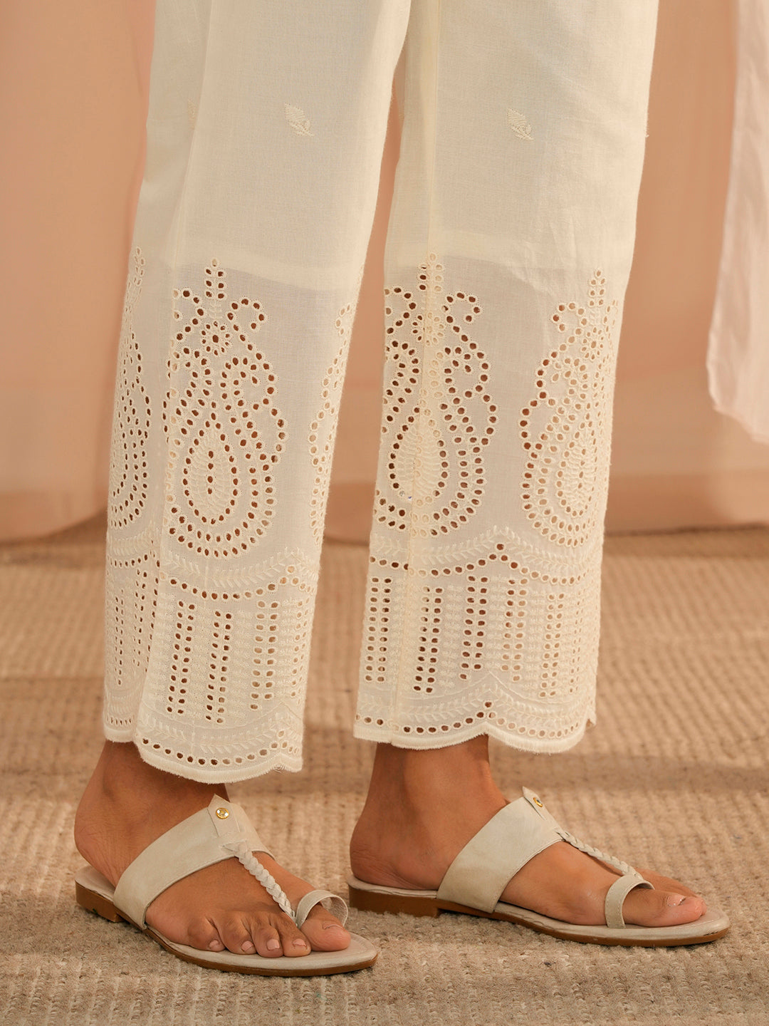 Off White Embroidered Cotton Straight Fit Palazzos