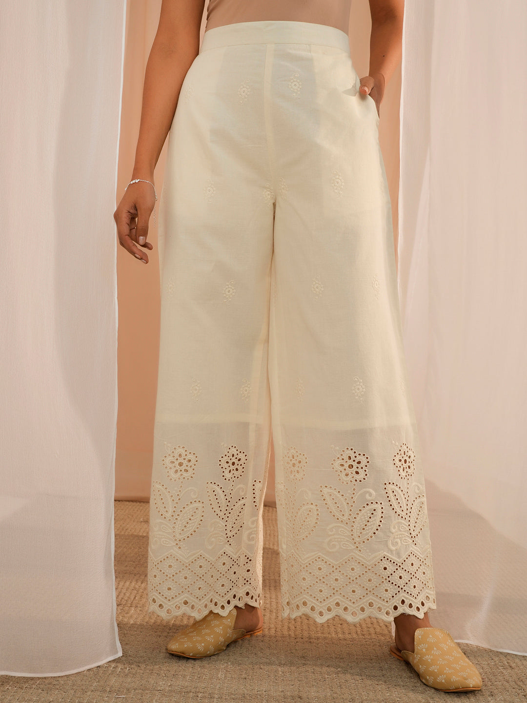 Off White Embroidered Cotton Wide Leg Palazzos