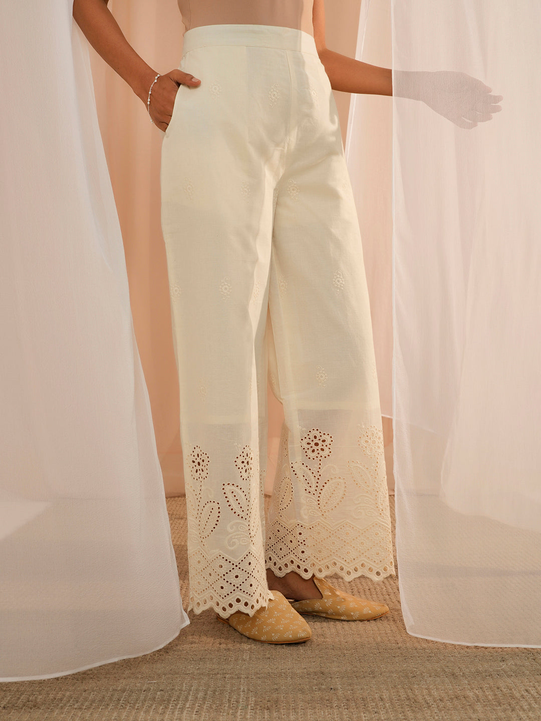 Off White Embroidered Cotton Wide Leg Palazzos