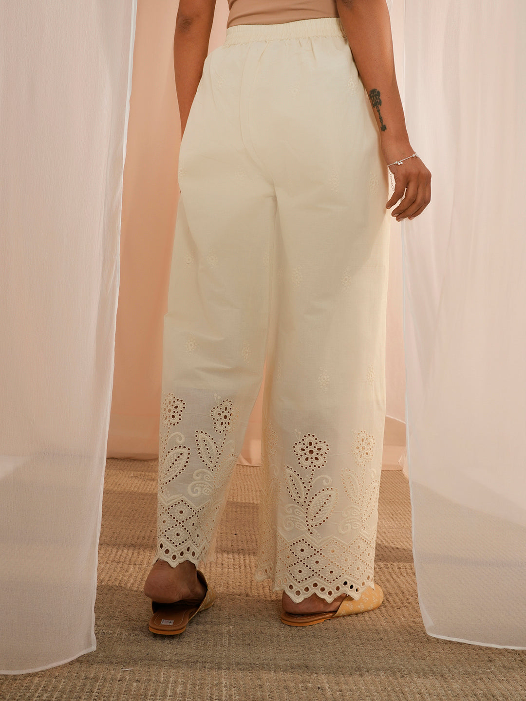 Off White Embroidered Cotton Wide Leg Palazzos