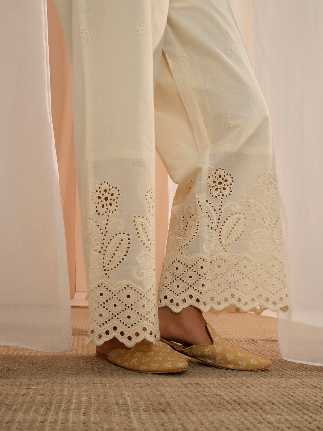 Off White Embroidered Cotton Wide Leg Palazzos