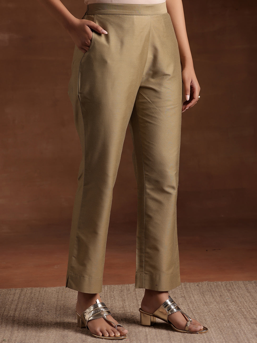 Gold Solid Silk Trousers