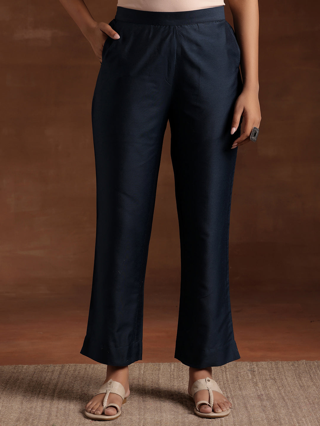 Blue Solid Silk Trousers