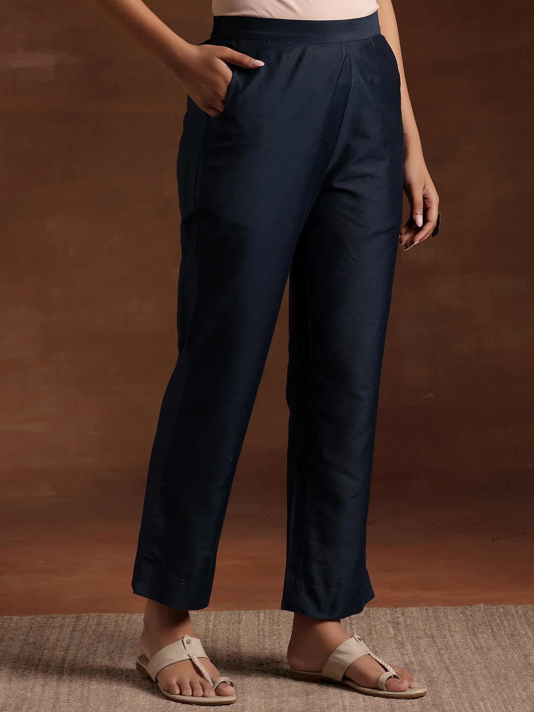 Blue Solid Silk Trousers