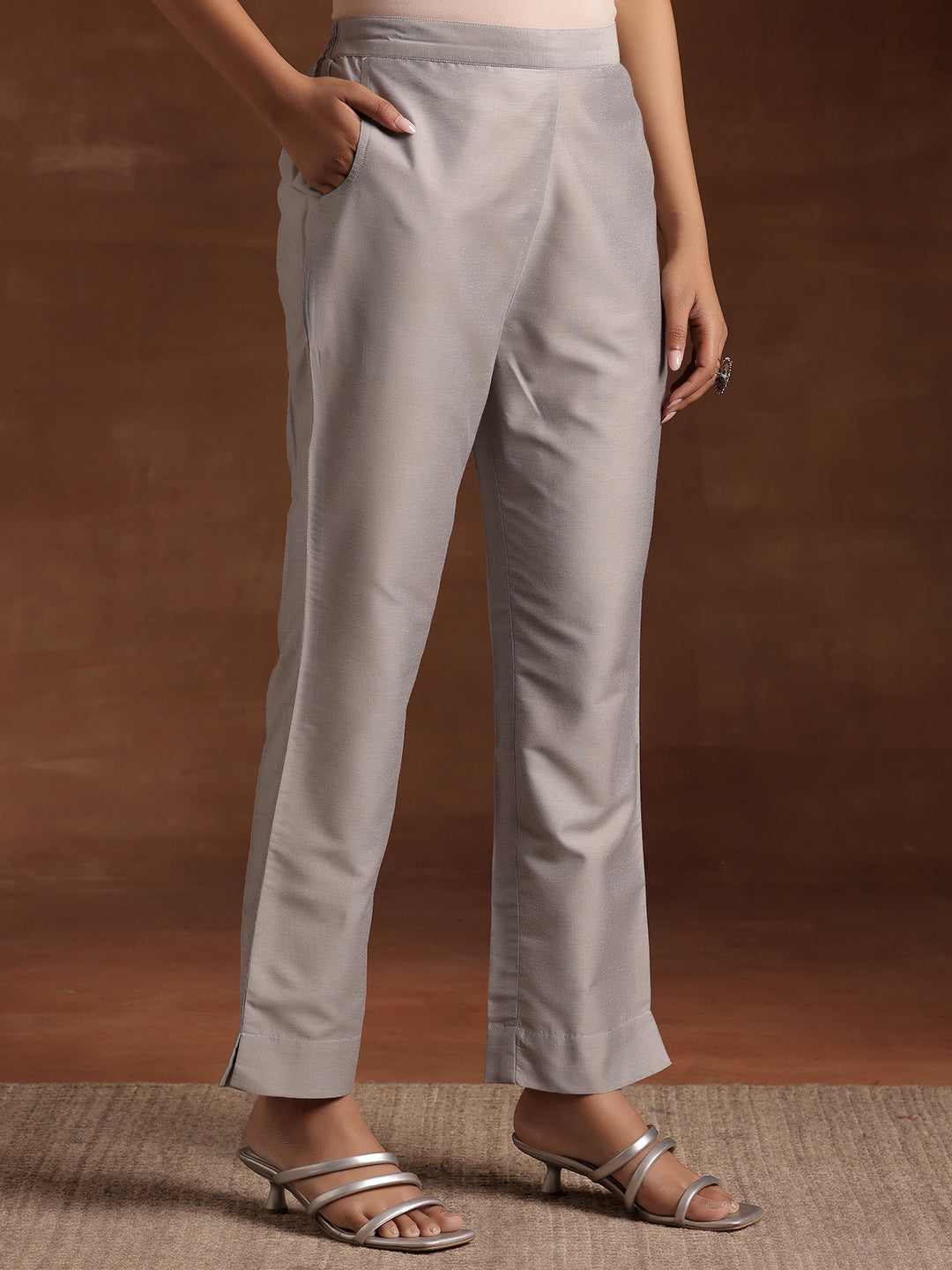 Grey Solid Silk Trousers