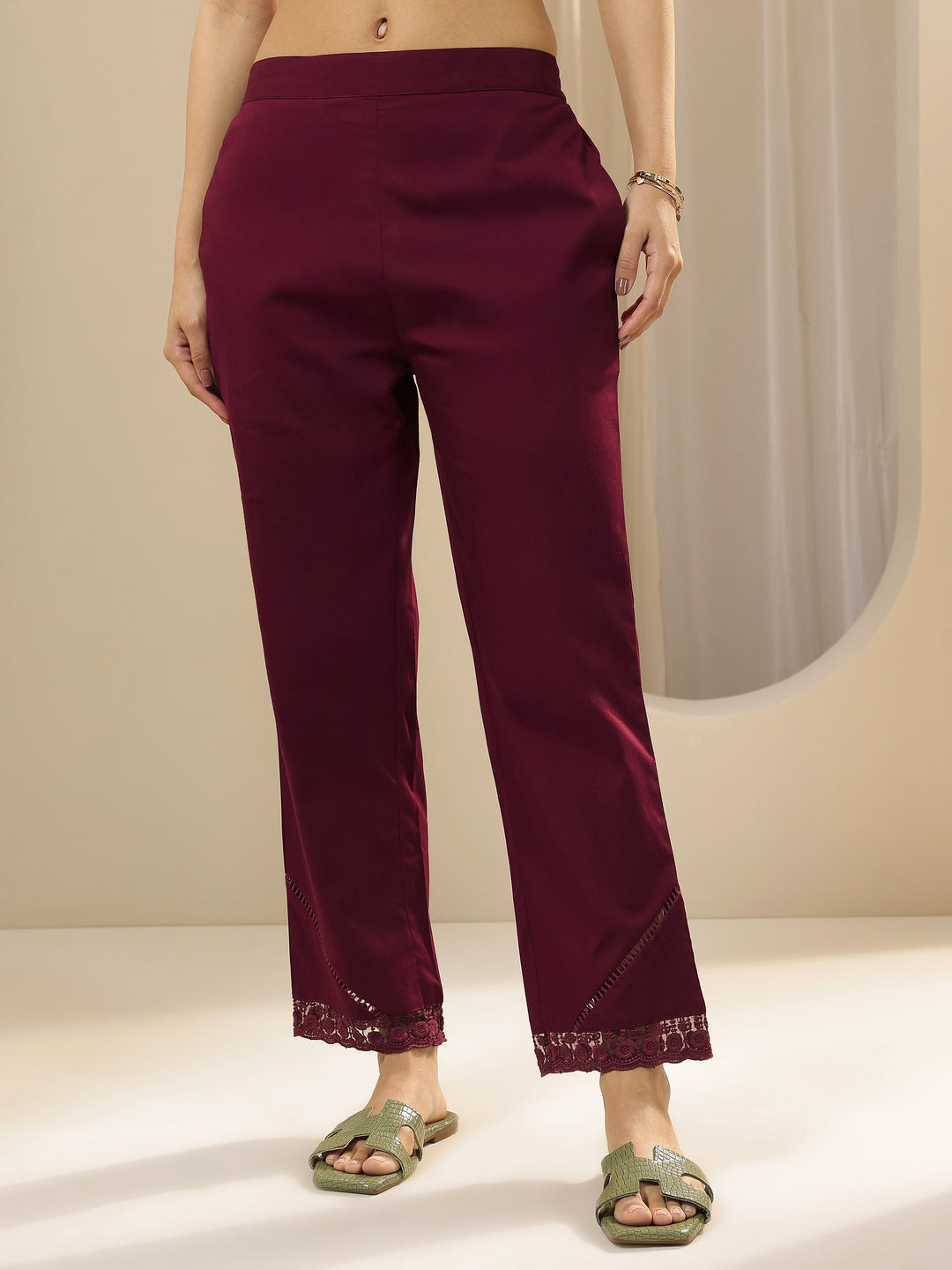 Maroon Self Design Cotton Trousers