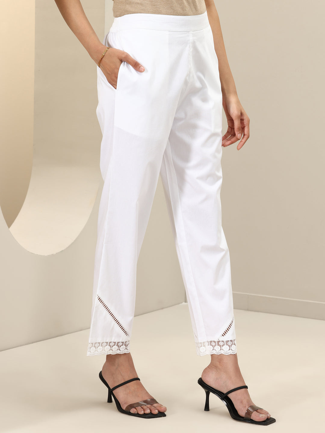 White Self Design Cotton Trousers