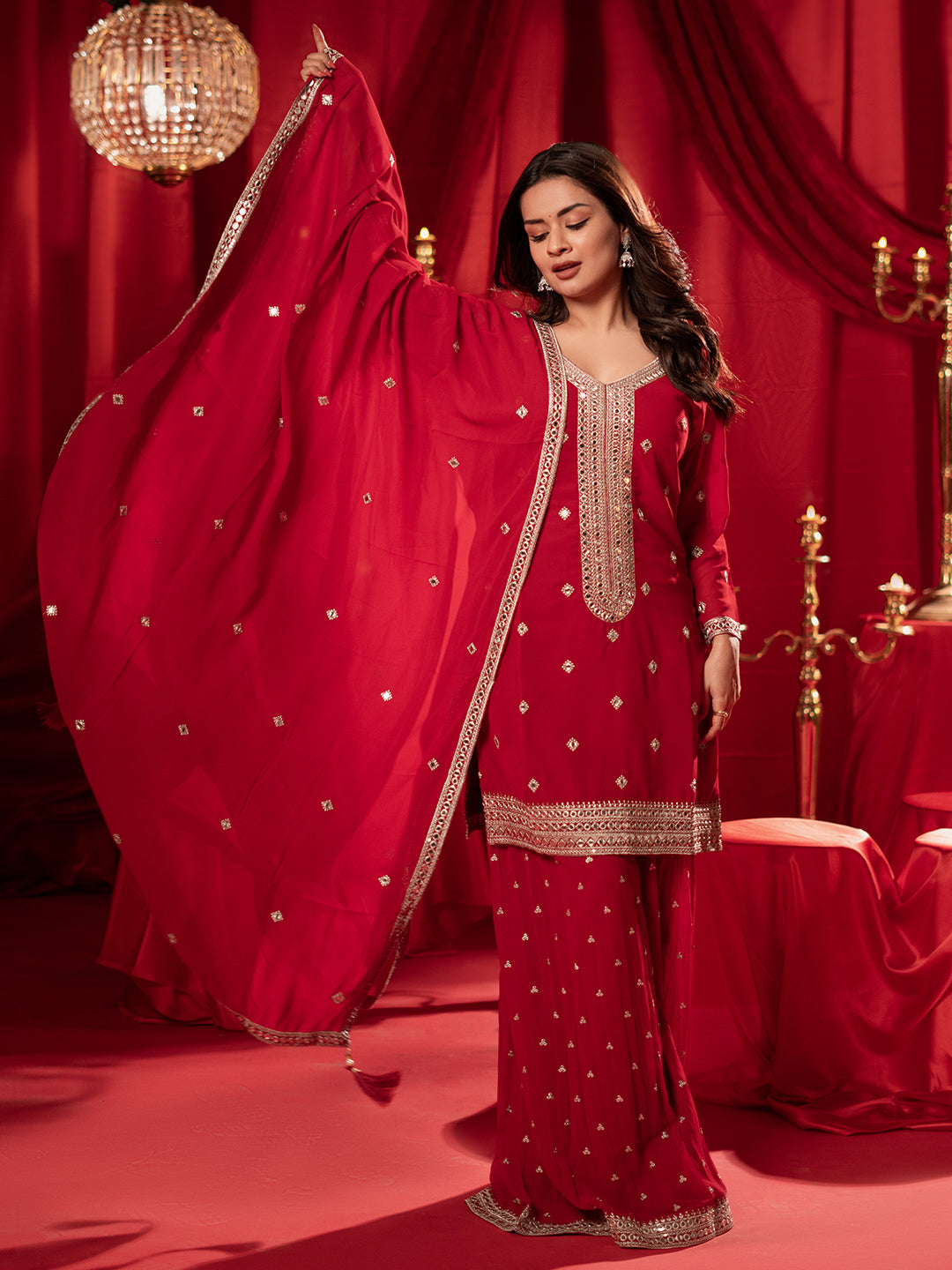 Surkh Libas Art Red Embroidered Georgette Straight Suit With Dupatta