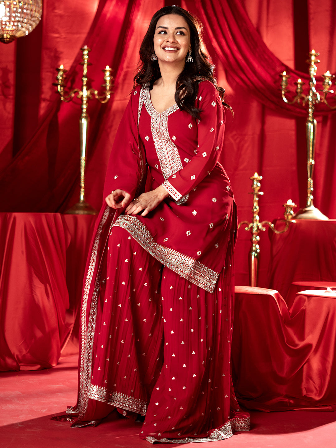 Surkh Libas Art Red Embroidered Georgette Straight Suit With Dupatta