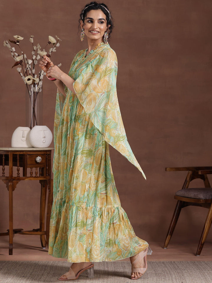 Green Printed Chiffon A-Line Dress