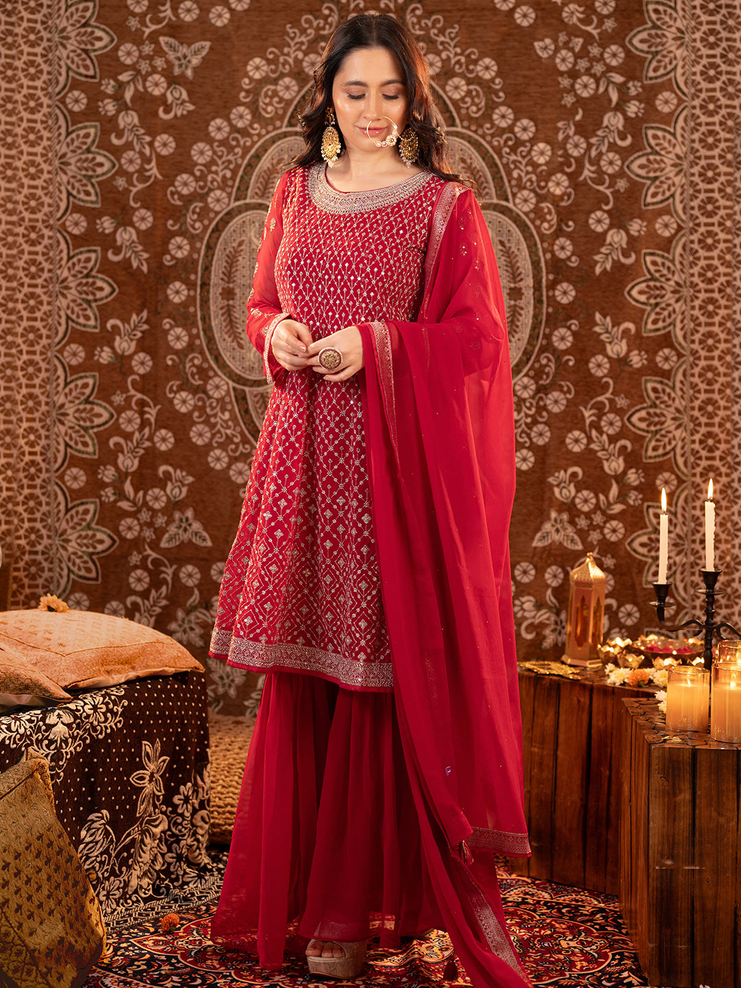 Libas Art Hot Pink Embroidered Georgette A-Line Kurta With Sharara & Dupatta