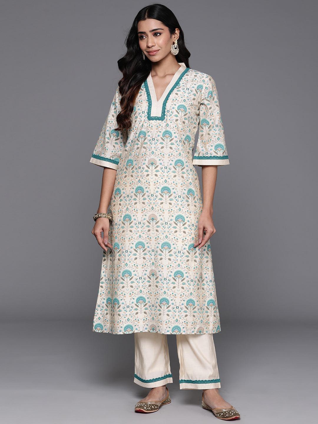 Beige Printed Chanderi Silk A-Line Kurta With Palazzos