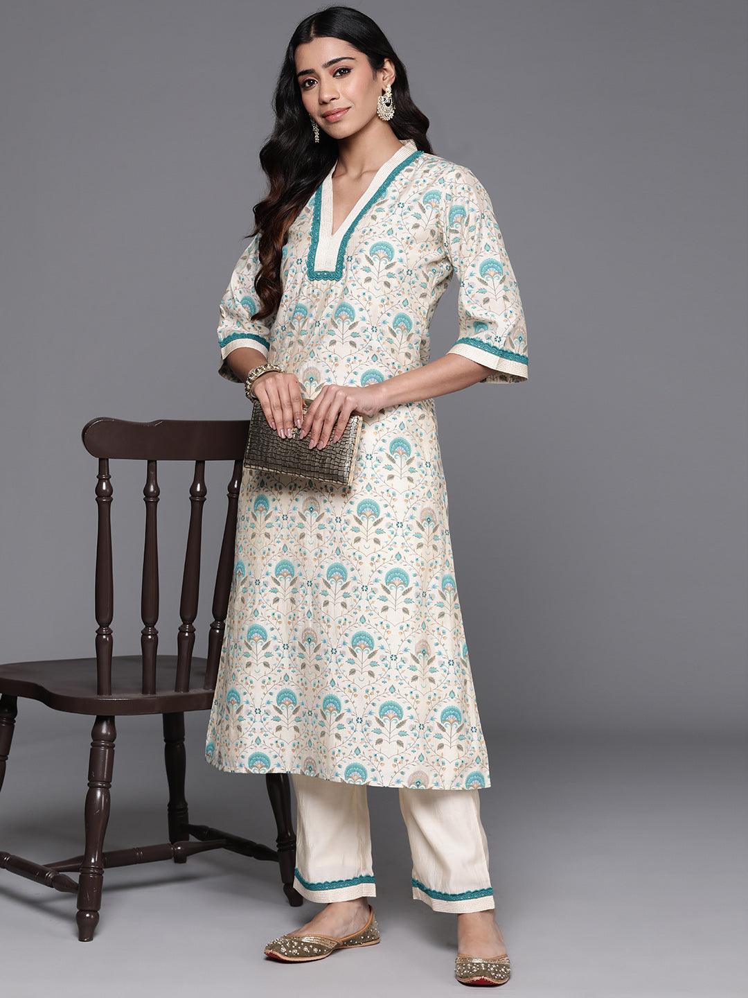 Beige Printed Chanderi Silk A-Line Kurta With Palazzos