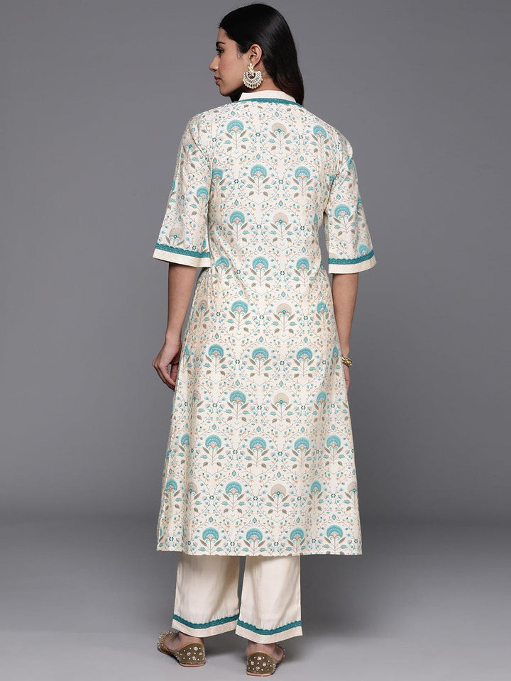 Beige Printed Chanderi Silk A-Line Kurta With Palazzos - ShopLibas