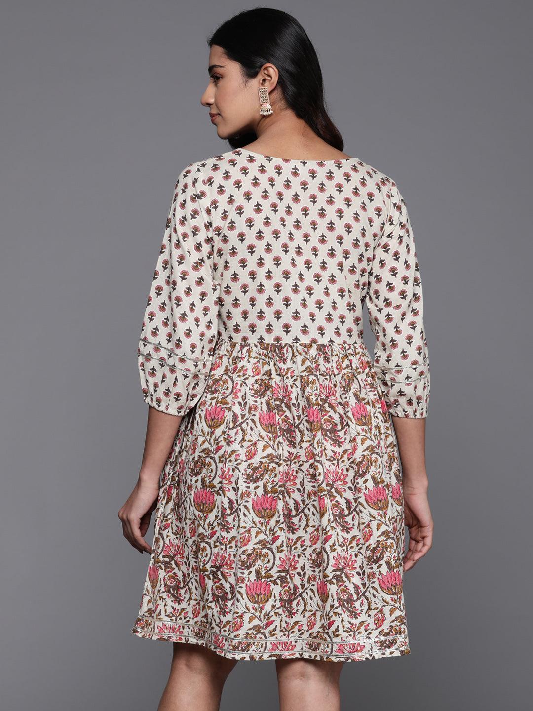 Beige Printed Cotton Fit and Flare Dress