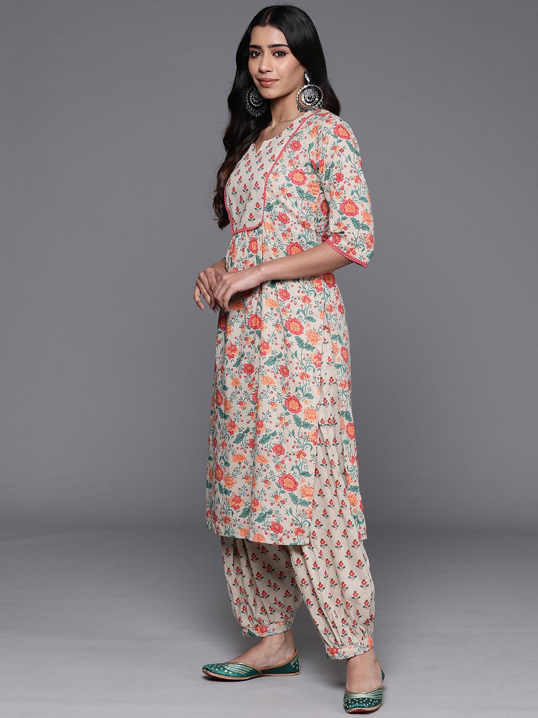 Beige Printed Cotton Straight Kurta With Salwar - ShopLibas