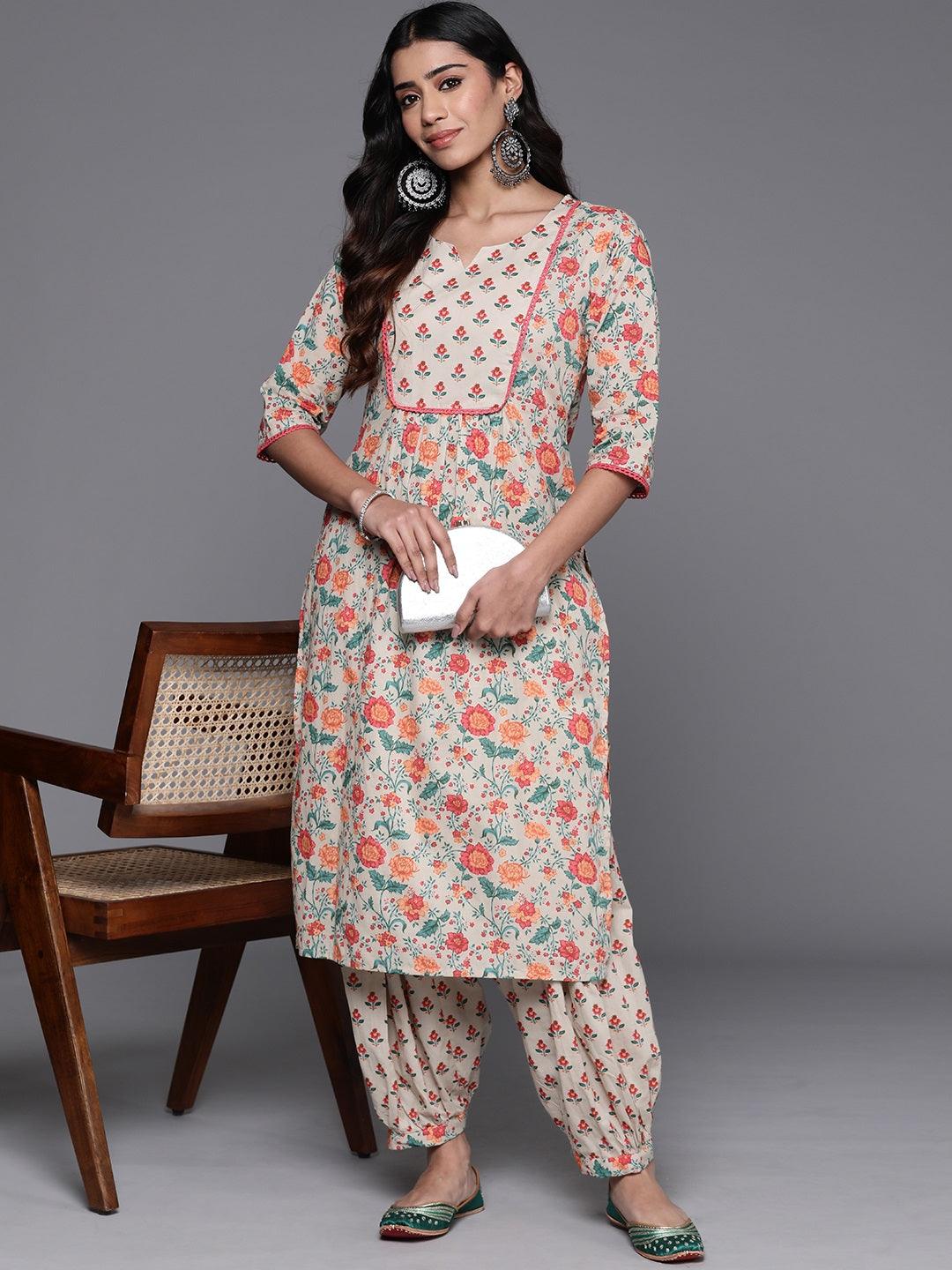 Beige Printed Cotton Straight Kurta Set