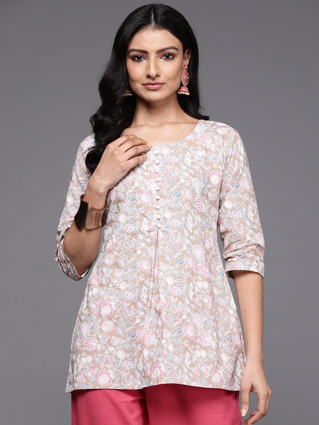 Beige Printed Cotton Straight Kurti