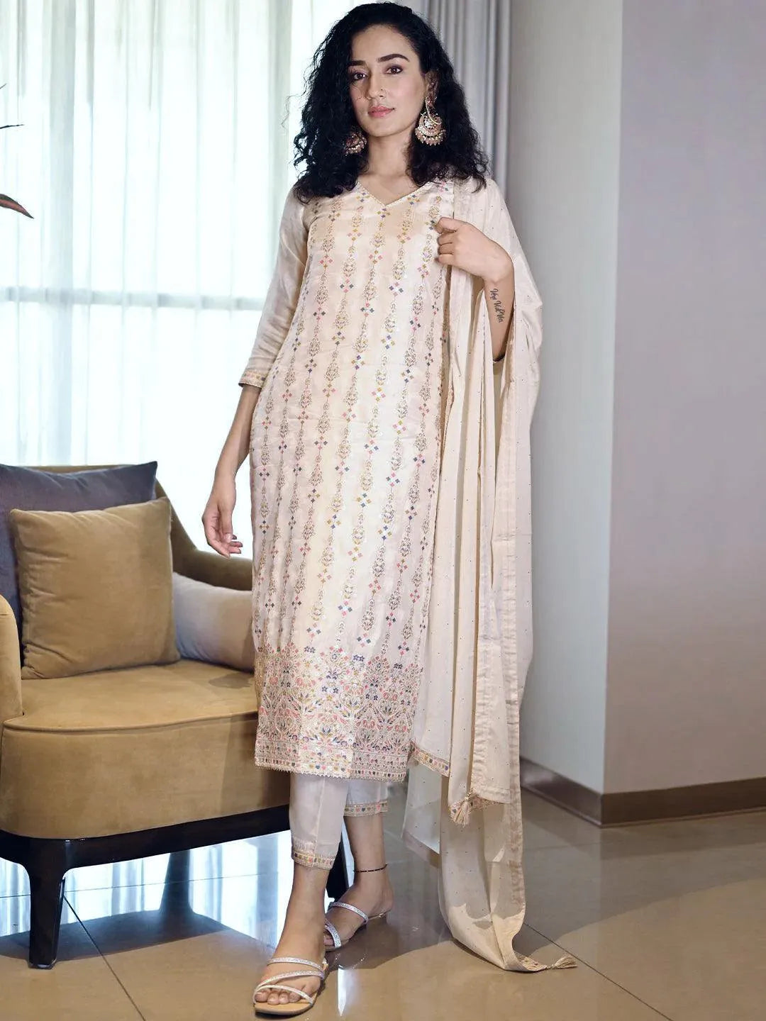 Beige Woven Design Silk Suit Set