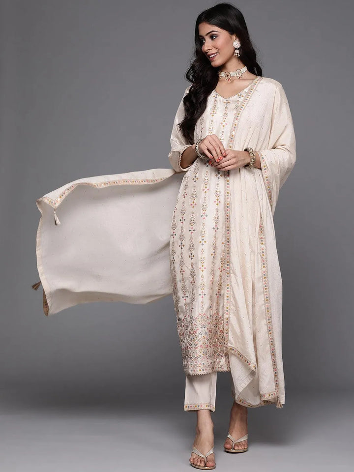 Beige Woven Design Silk Suit Set - ShopLibas