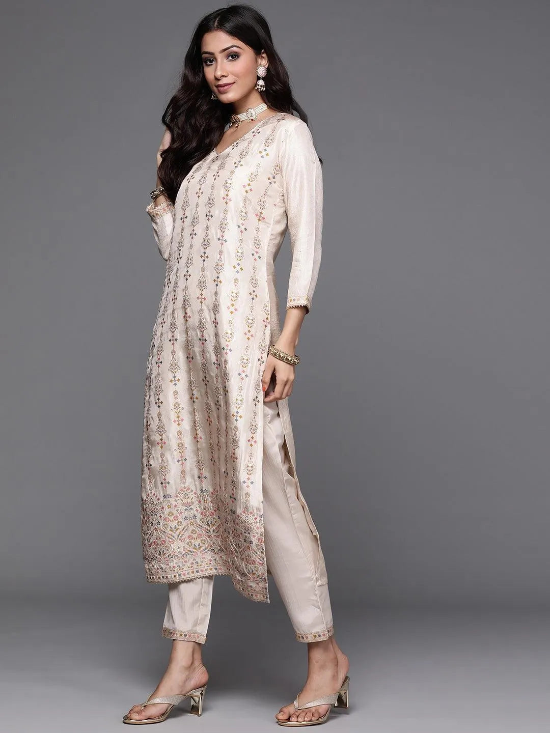 Beige Woven Design Silk Suit Set