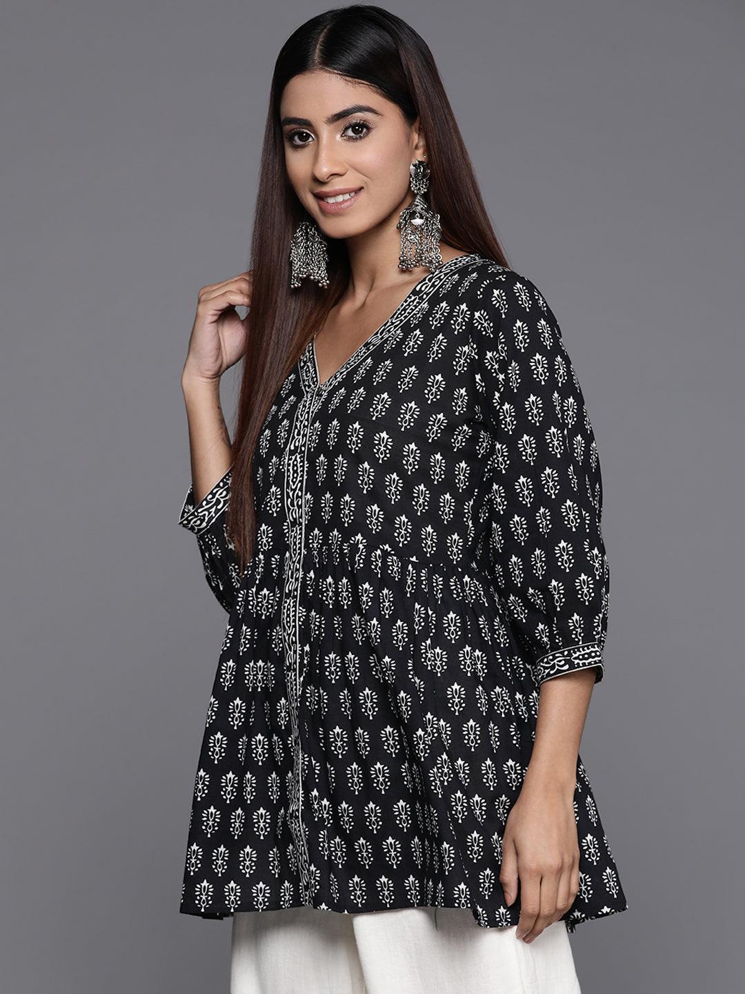 Black Printed Cotton A-Line Kurti