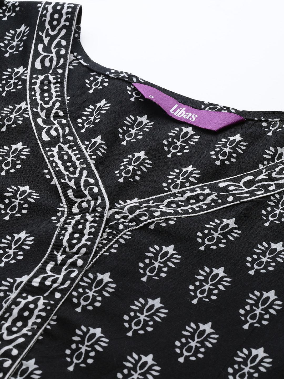 Black Printed Cotton A-Line Kurti