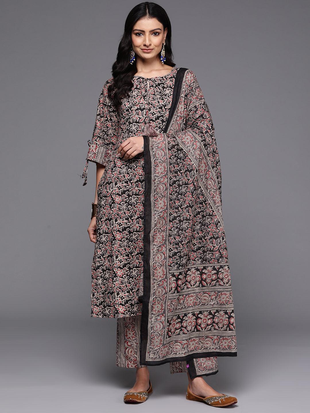 Black Printed Cotton Straight Suit With Dupatta