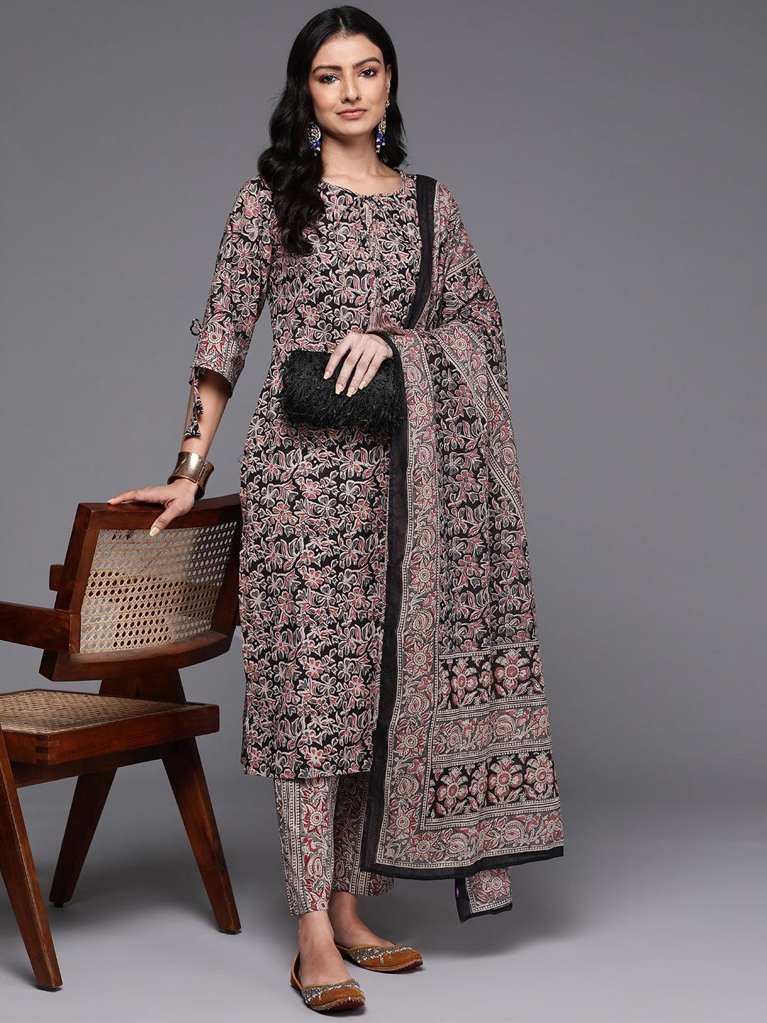 Black Printed Cotton Straight Suit With Dupatta