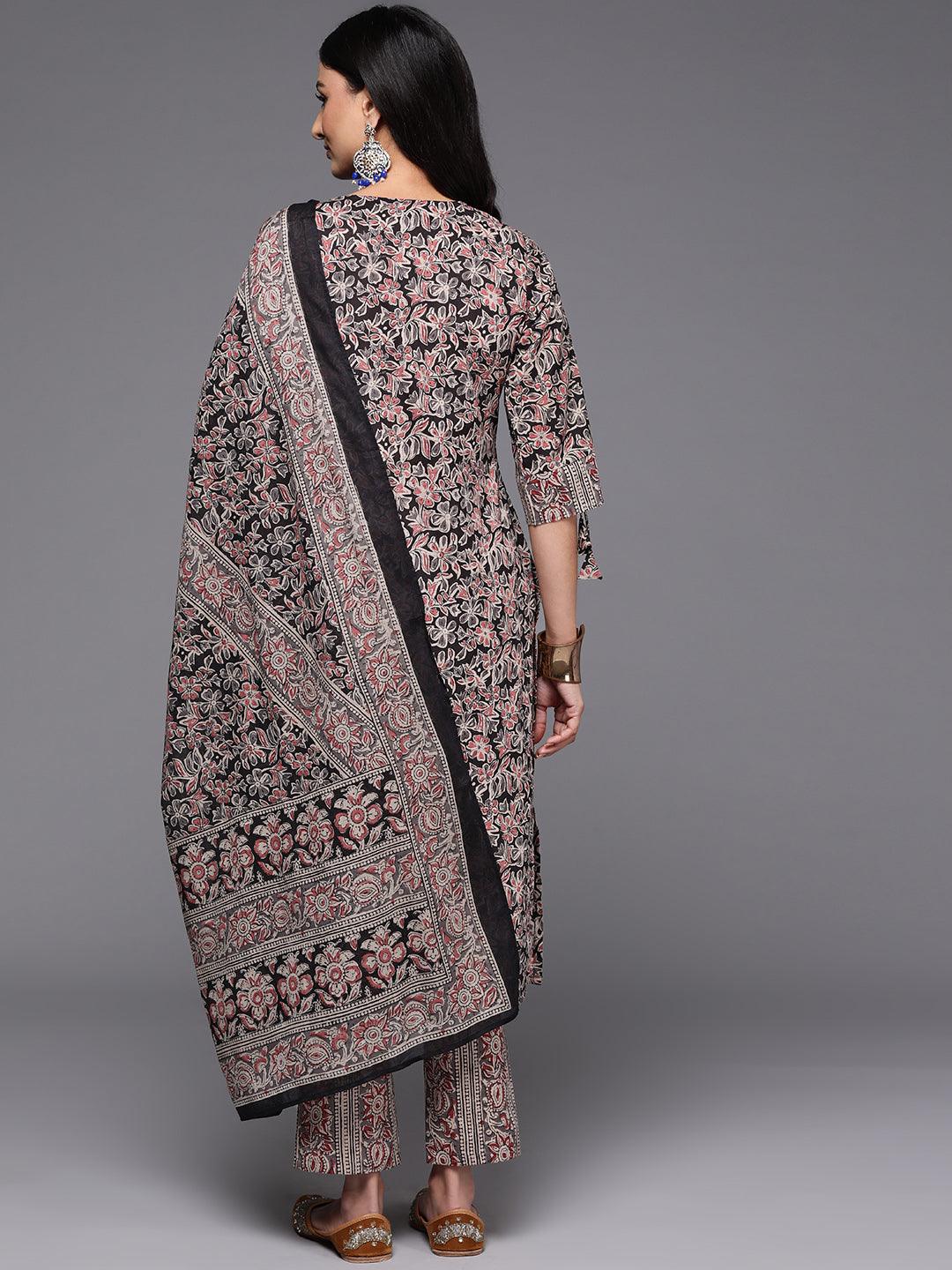 Black Printed Cotton Straight Suit With Dupatta