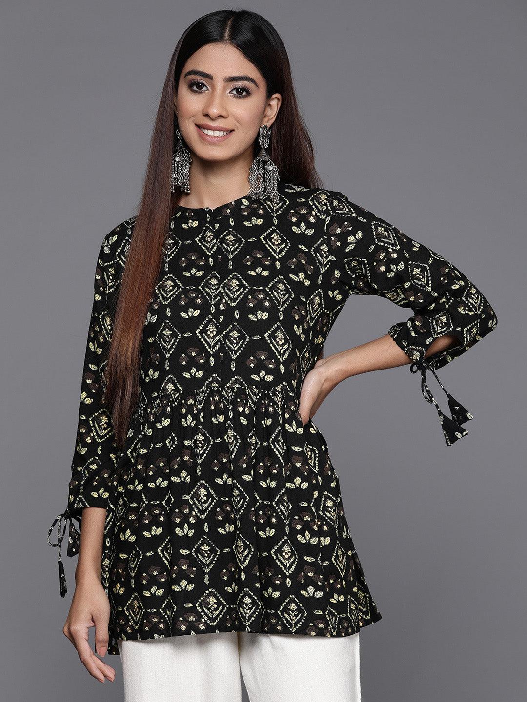 Black Printed Rayon A-Line Kurti