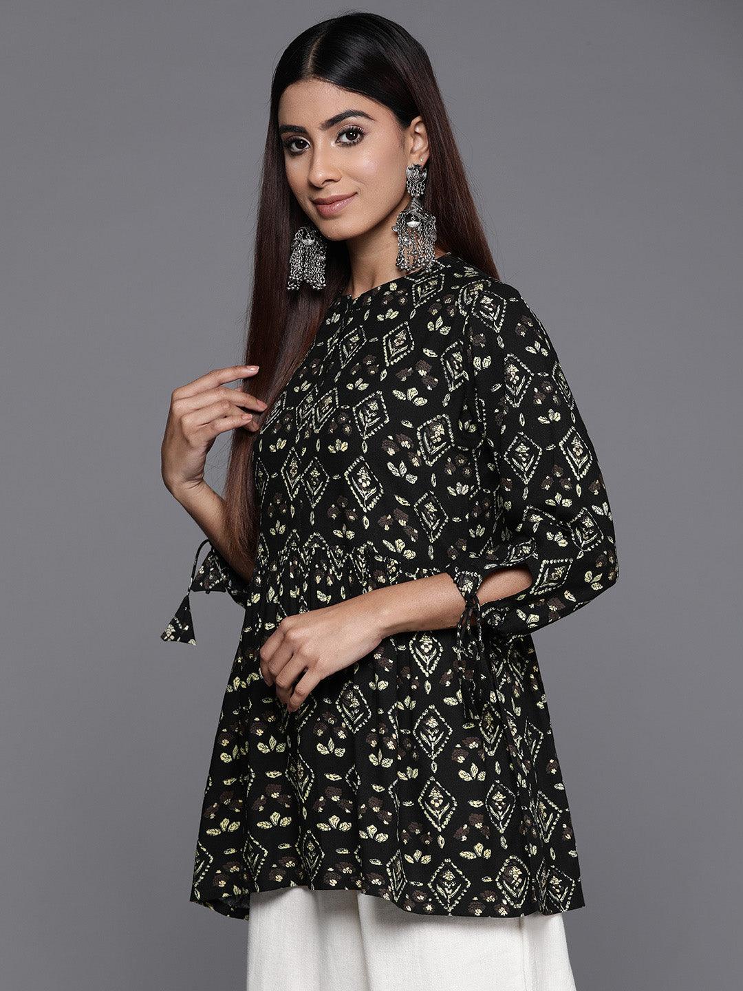 Black Printed Rayon A-Line Kurti