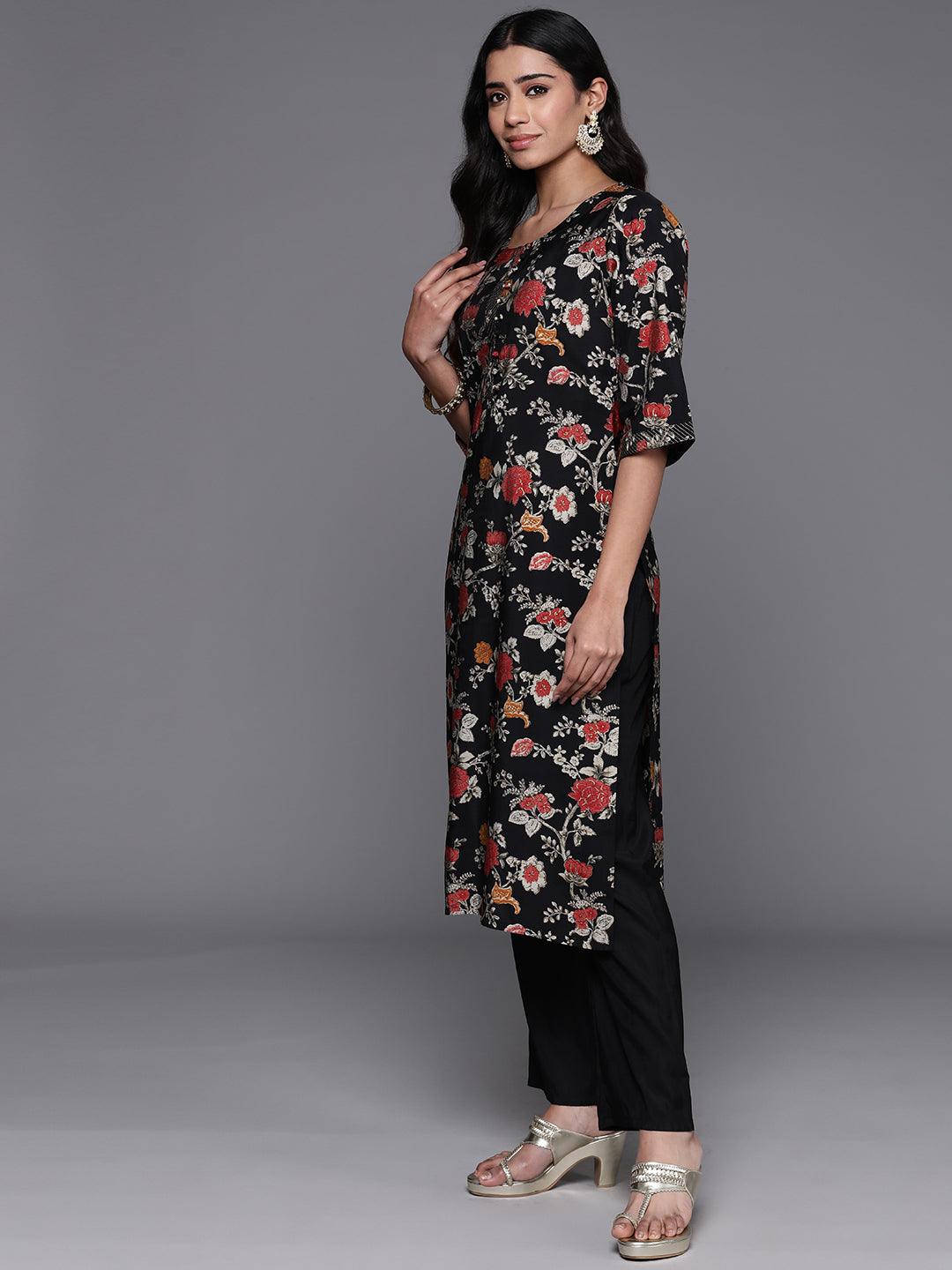 Black Printed Silk Blend Straight Suit With Dupatta