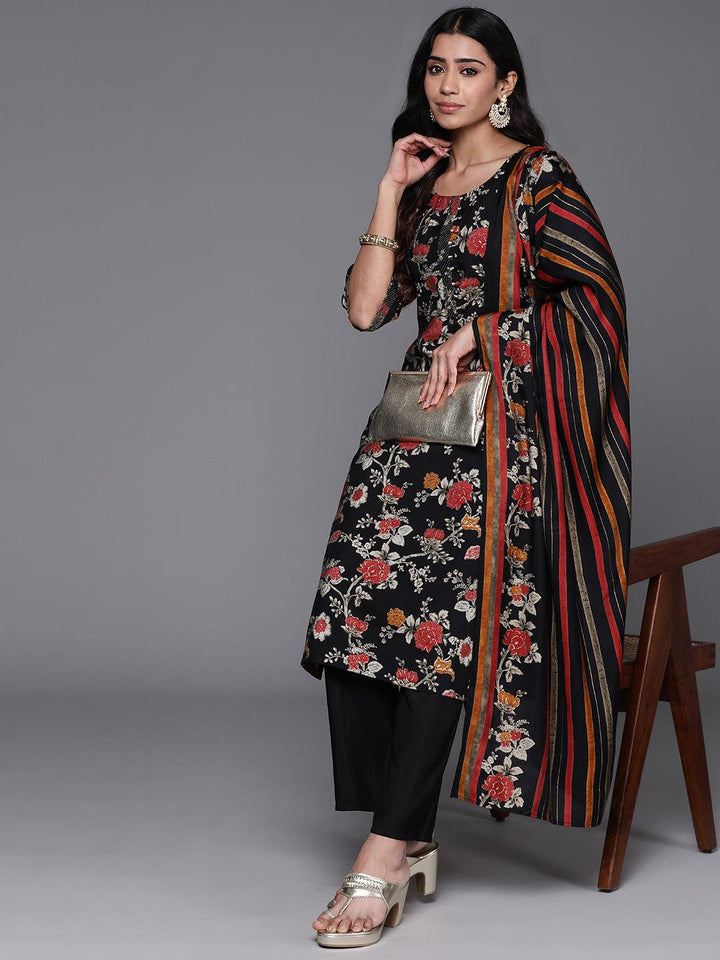 Black Printed Silk Blend Straight Kurta With Palazzos & Dupatta - ShopLibas