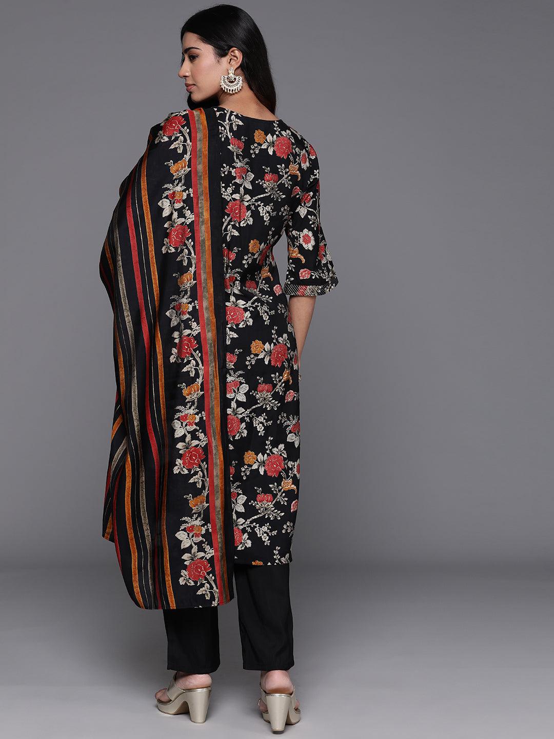 Black Printed Silk Blend Straight Suit With Dupatta