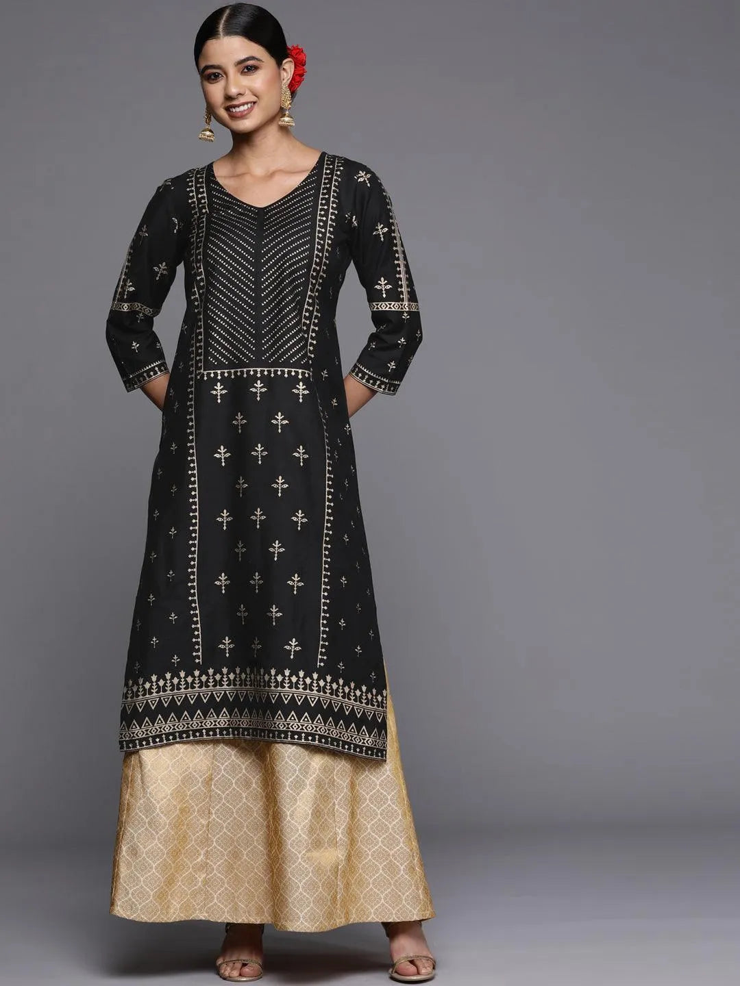 Black Printed Silk Straight Kurta - ShopLibas