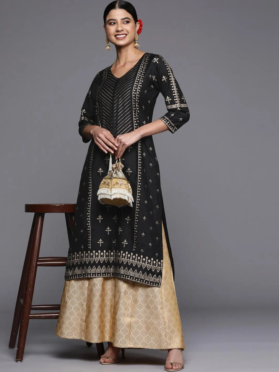 Black Printed Silk Straight Kurta - ShopLibas