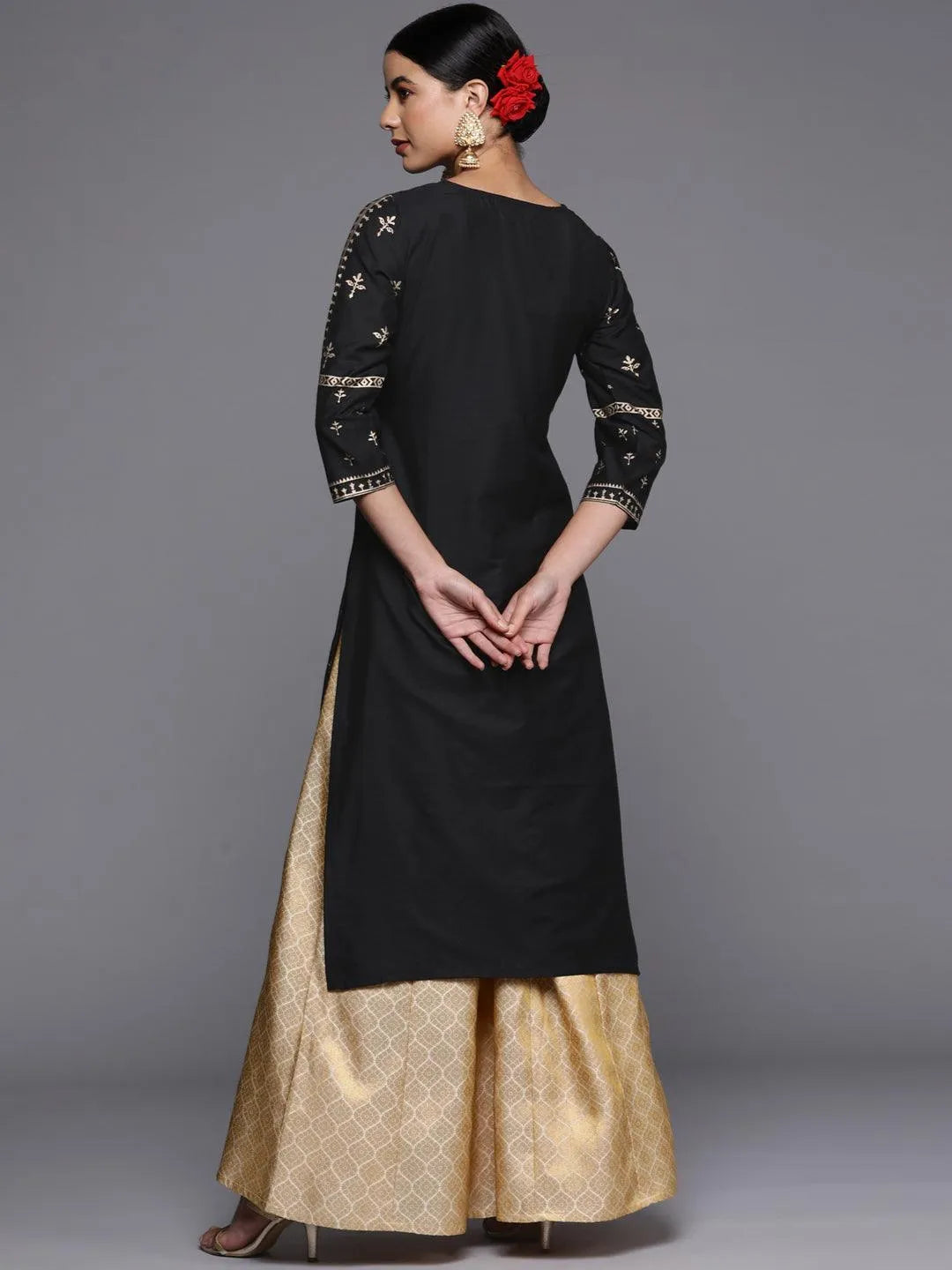 Black Printed Silk Straight Kurta - ShopLibas