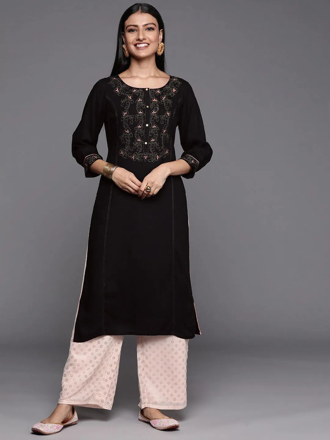 Black Yoke Design Rayon Straight Kurta - ShopLibas