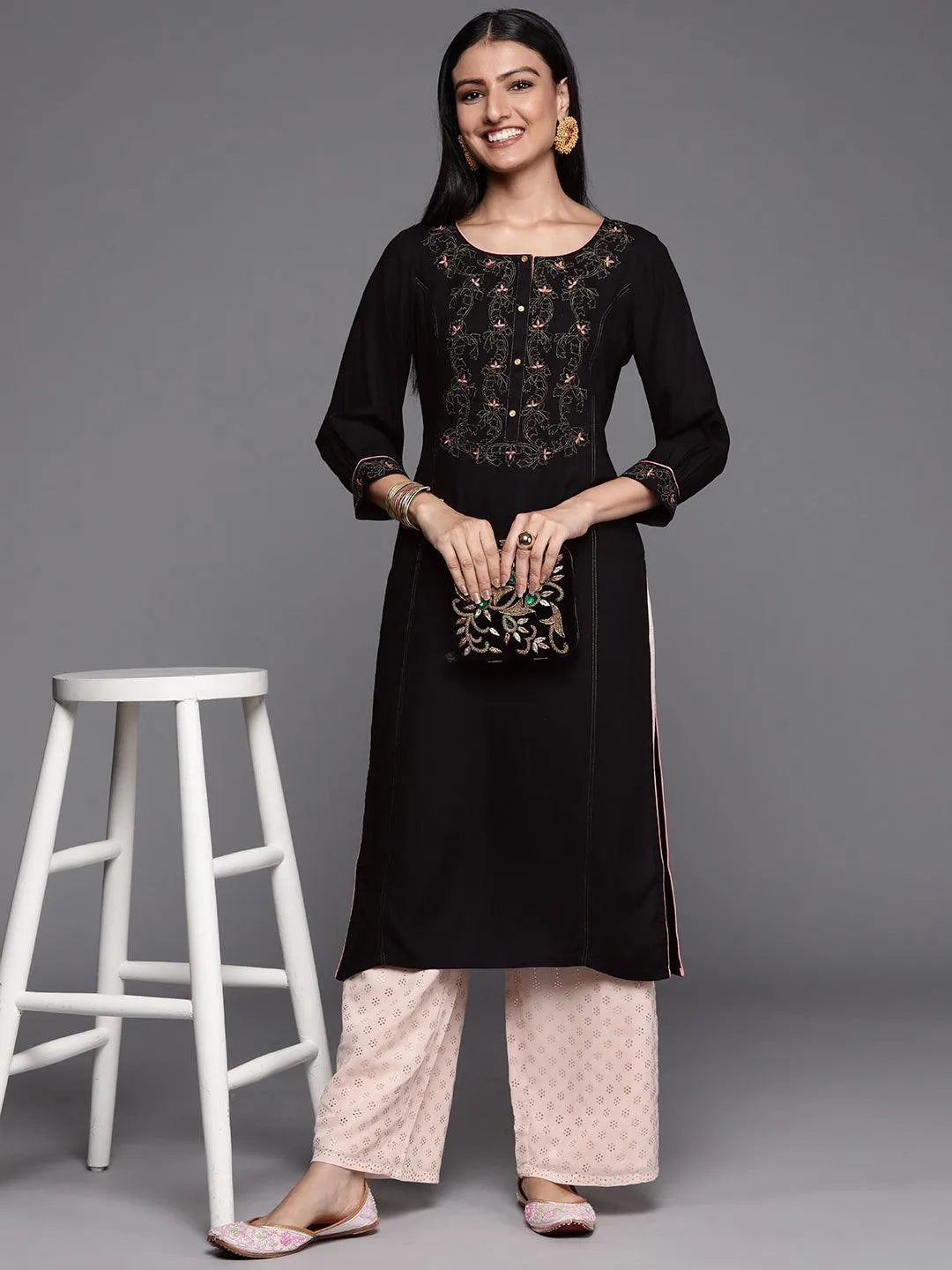 Black Yoke Design Rayon Straight Kurta - ShopLibas