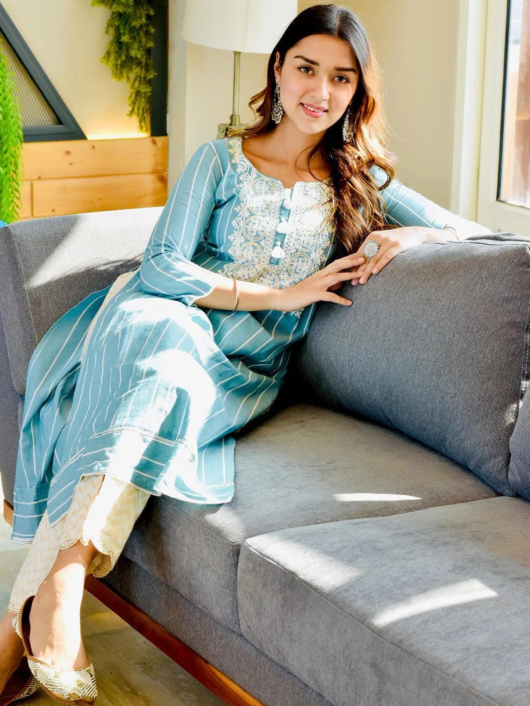 Blue Embroidered Cotton Straight Kurta - ShopLibas