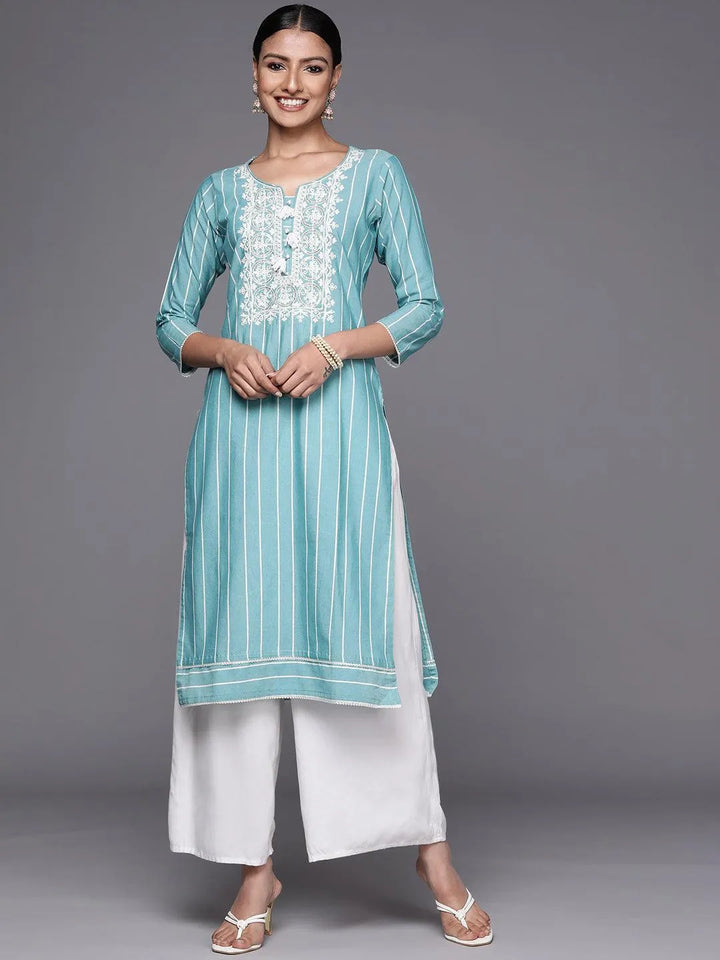 Blue Embroidered Cotton Straight Kurta - ShopLibas