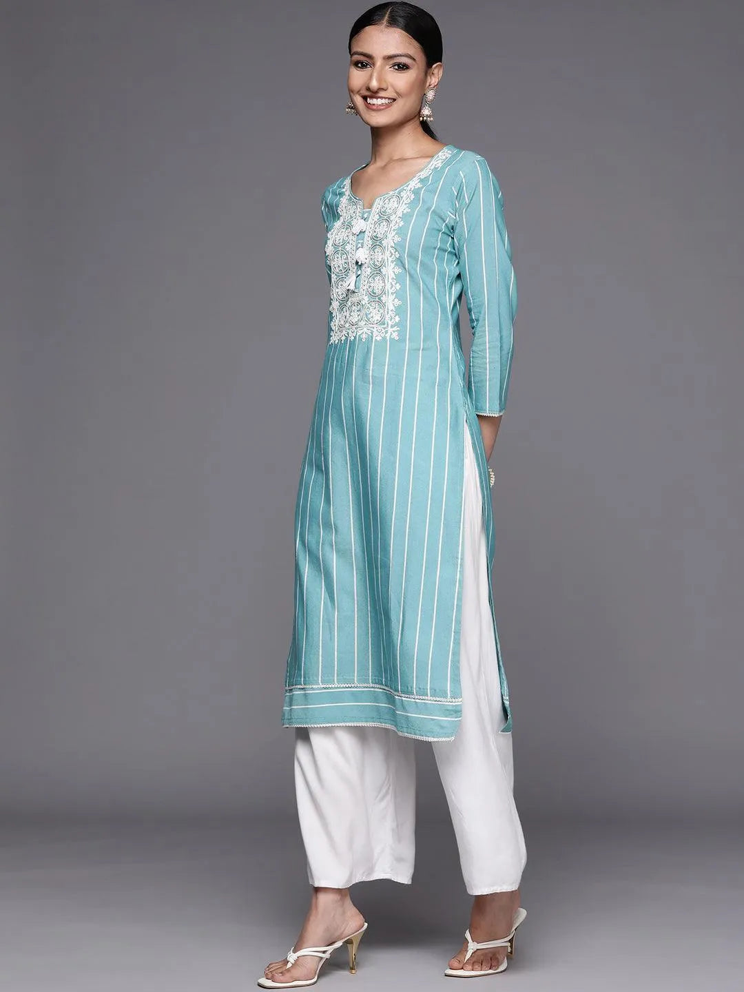 Blue Embroidered Cotton Straight Kurta - ShopLibas