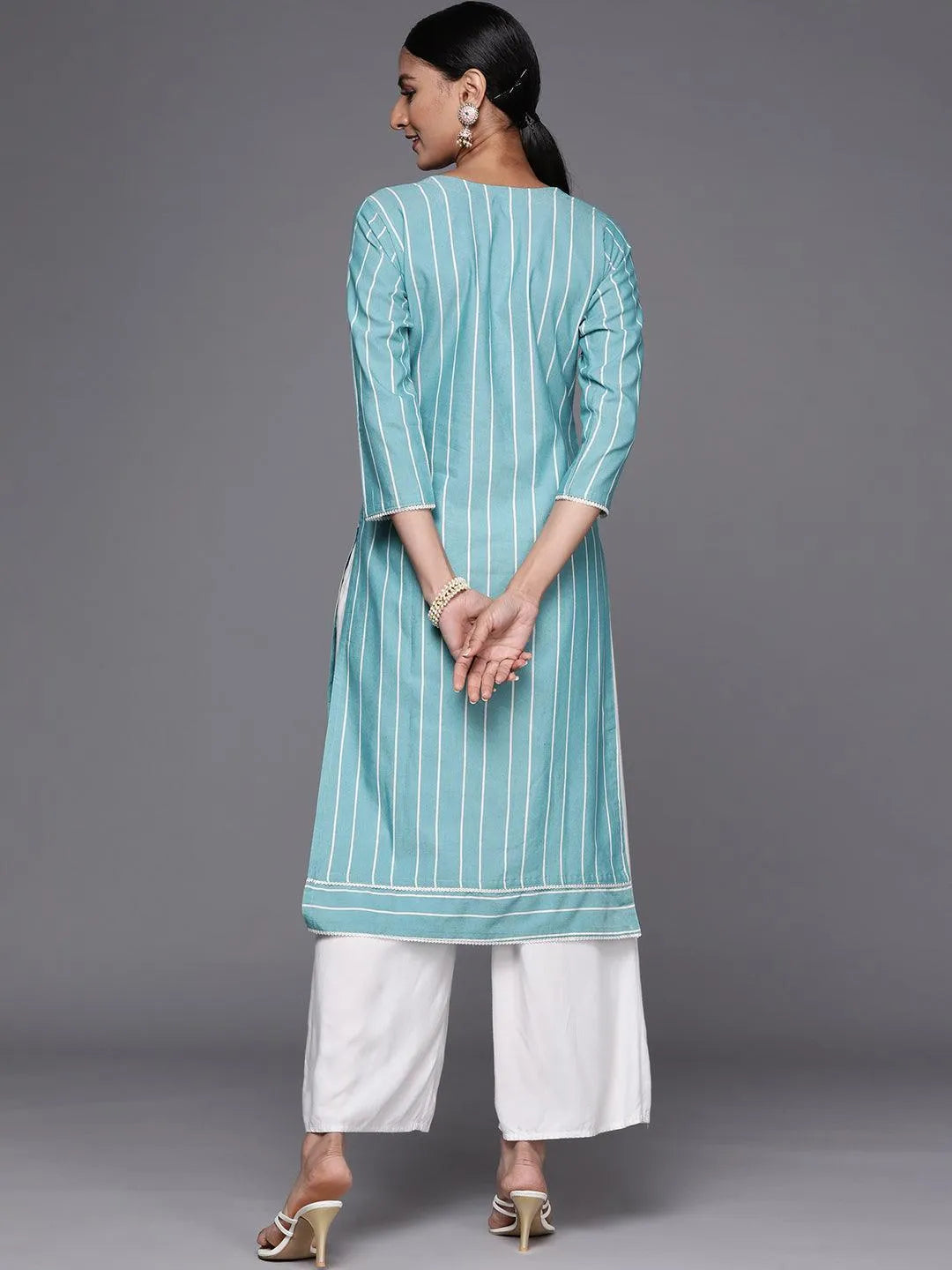 Blue Embroidered Cotton Straight Kurta - ShopLibas