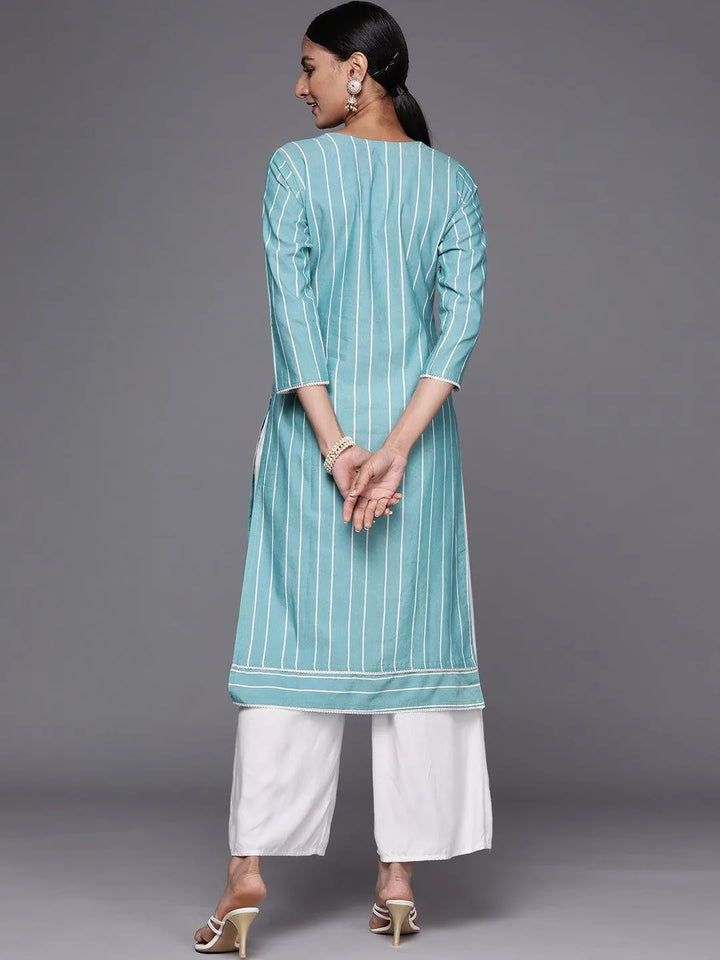 Blue Embroidered Cotton Straight Kurta - ShopLibas