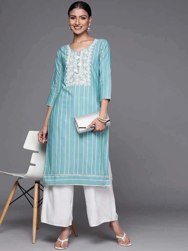 Blue Embroidered Cotton Straight Kurta - ShopLibas