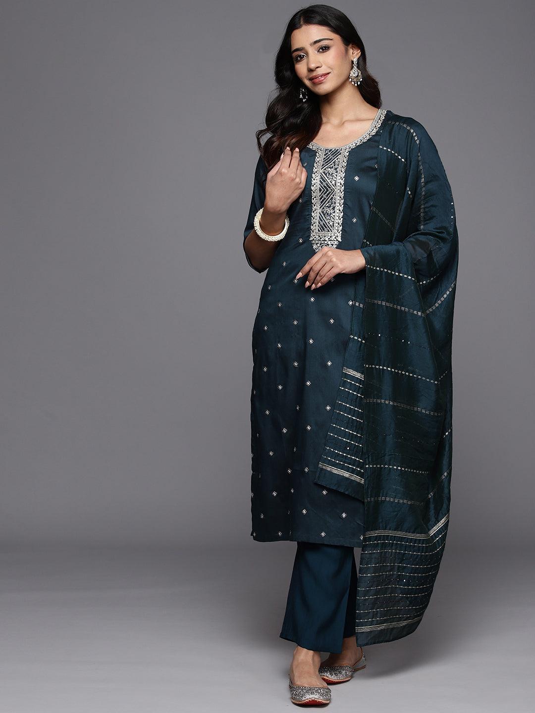 Blue Embroidered Silk Blend Straight Kurta With Trousers & Dupatta - Libas