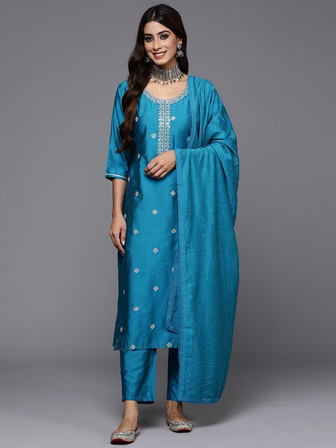 Blue Embroidered Silk Blend Straight Suit With Dupatta