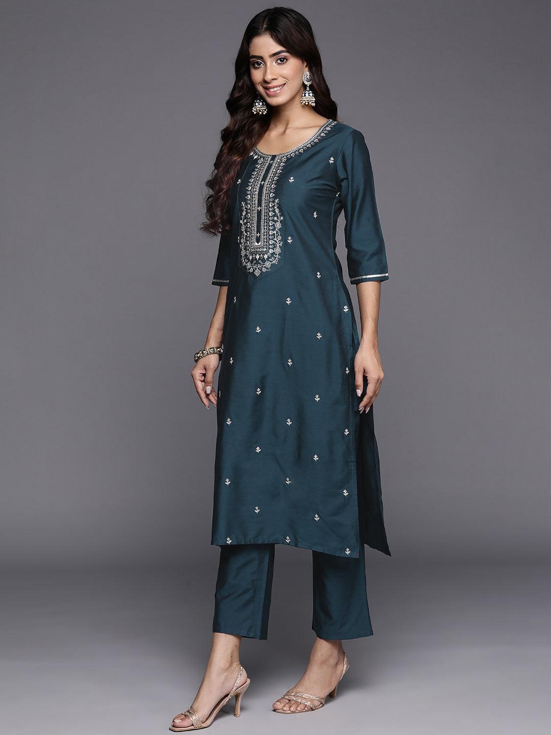 Blue Embroidered Silk Blend Straight Suit With Dupatta